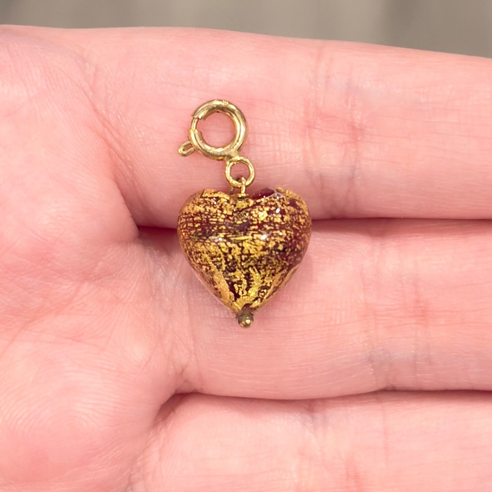 14K Murano Glass Heart Charm, Yellow Gold Pendant, Dainty Petite, Red Gold Bead - Picture 3 of 13